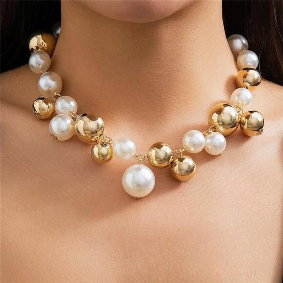 Chunky Gold Pearl Choker Necklace | Statement Jewelry - Picture 1 of 6